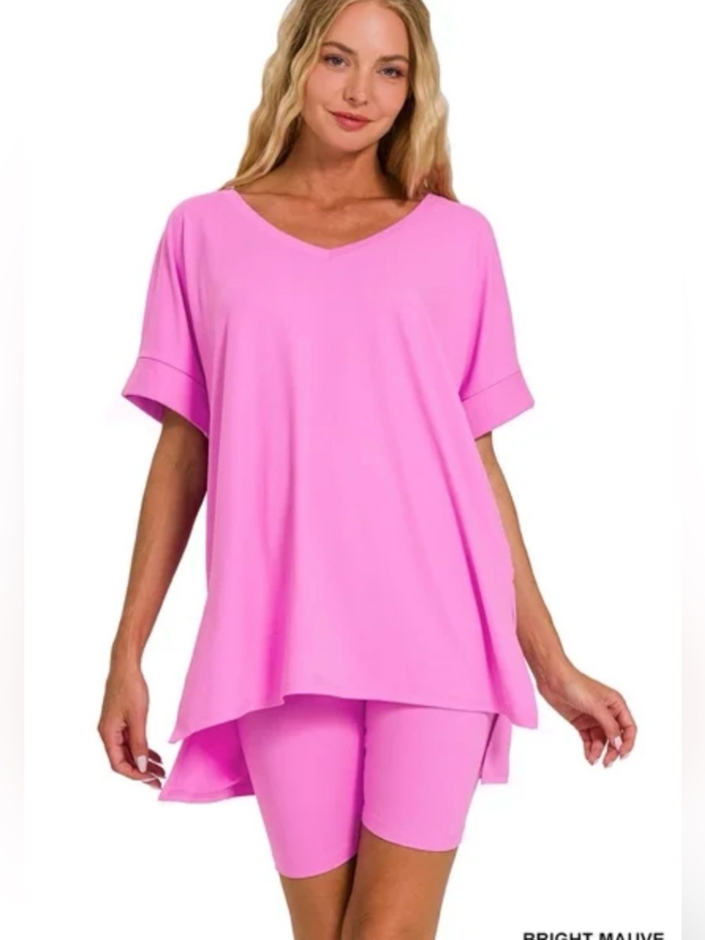 Bright Mauve V-Neck Short Sleeve Tunic Top - Women Biker Shirts